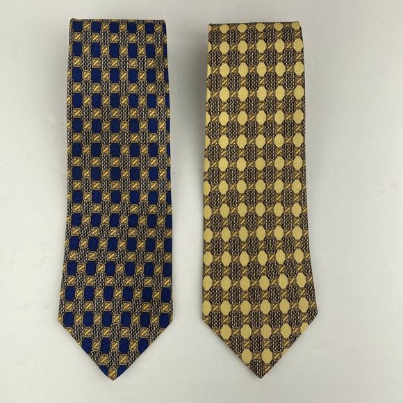 Lot of 2 Ermengegildo Zegna Mens Ties Navy Blue Gold Geo 100% Silk Made in Italy - Picture 1 of 12
